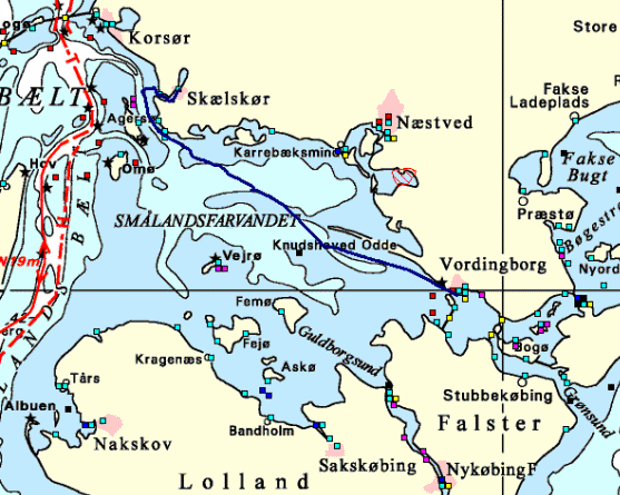 Den blå linie er den tur vi sejlede fra Skælskør til Masnedsund.